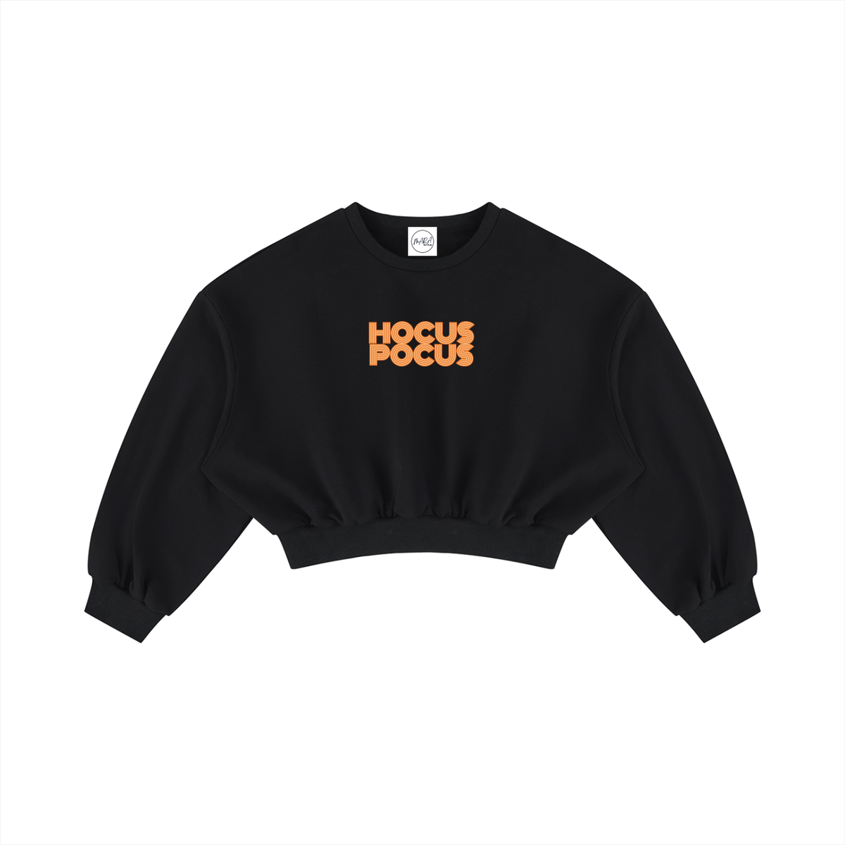 A black cropped crewneck sweatshirt with 'HOCUS POCUS' printed in orange across the chest, displayed flat against a solid white background.