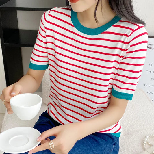 Retro Striped Cotton T-shirt | Preppy Shirt