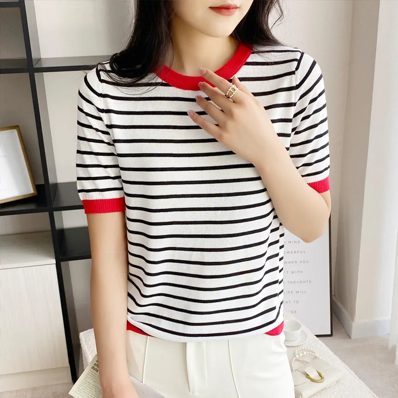 Retro Striped Cotton T-shirt | Preppy Shirt