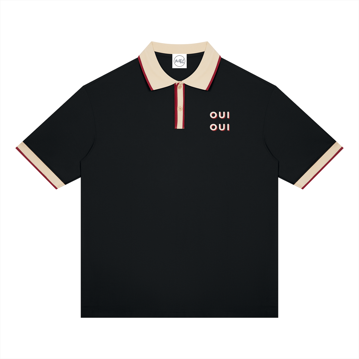 A black short-sleeve polo shirt with a beige collar and sleeve cuffs, accented by thin red stripes. The chest features the word 'OUI' printed in beige with red outlines on the left side.