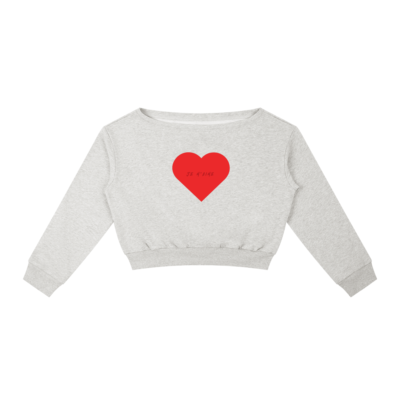 A light heather gray cropped sweatshirt with a red heart graphic on the chest, displayed flat against a solid white background.