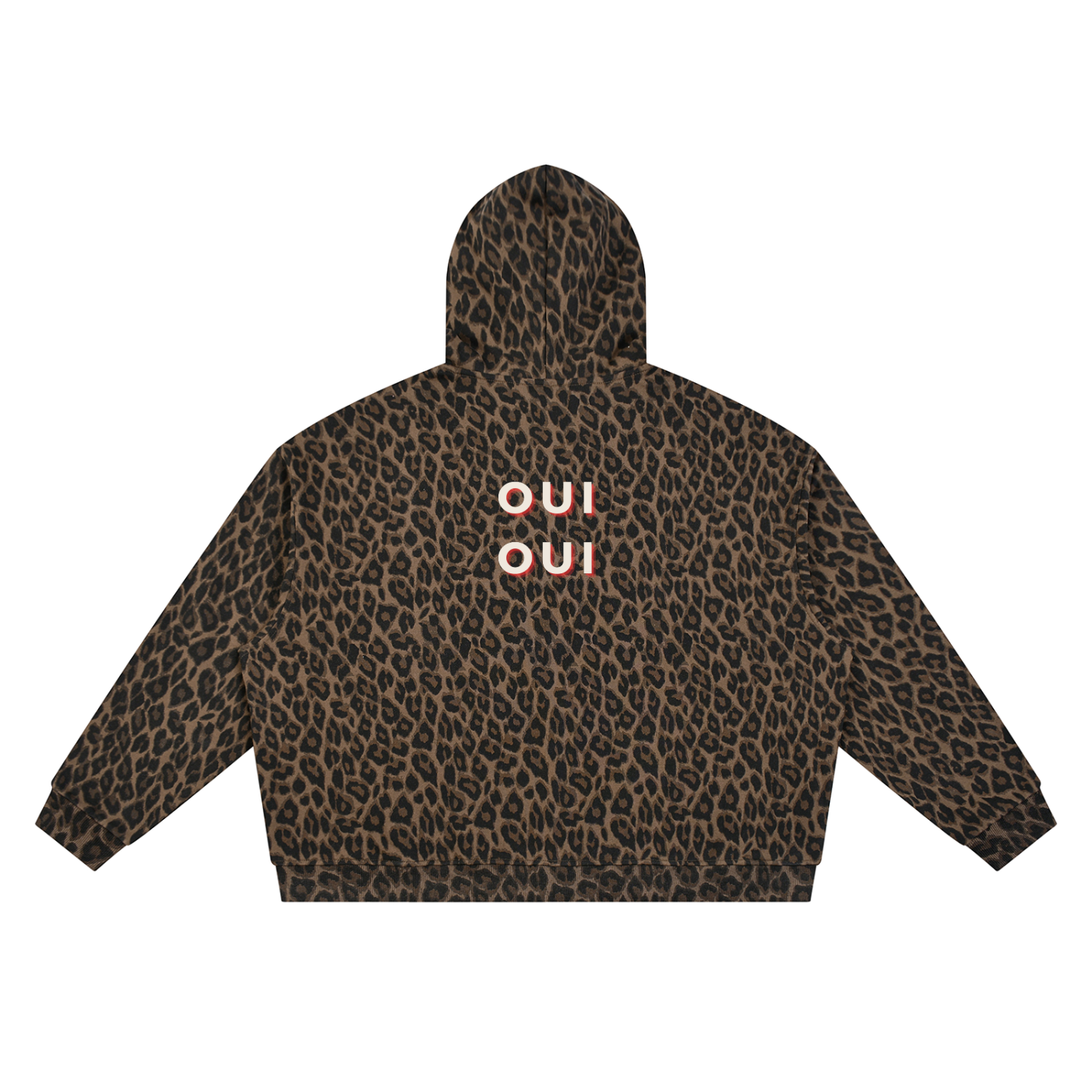 A cropped hooded sweatshirt with a brown and black leopard print pattern, featuring the word 'OUI' printed in white with a red outline on the center back. The hoodie is shown from the back against a plain white background.