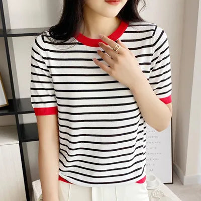 Retro Striped Cotton T-shirt | Preppy Shirt