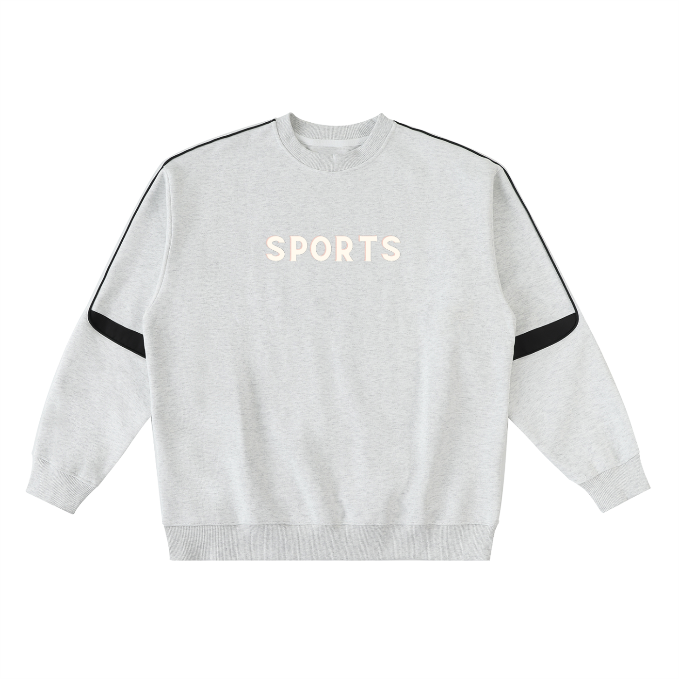 A light gray heather crewneck sweatshirt with 'SPORTS' printed in beige across the chest and black stripes on the shoulders and sleeves, shown on a plain white background.