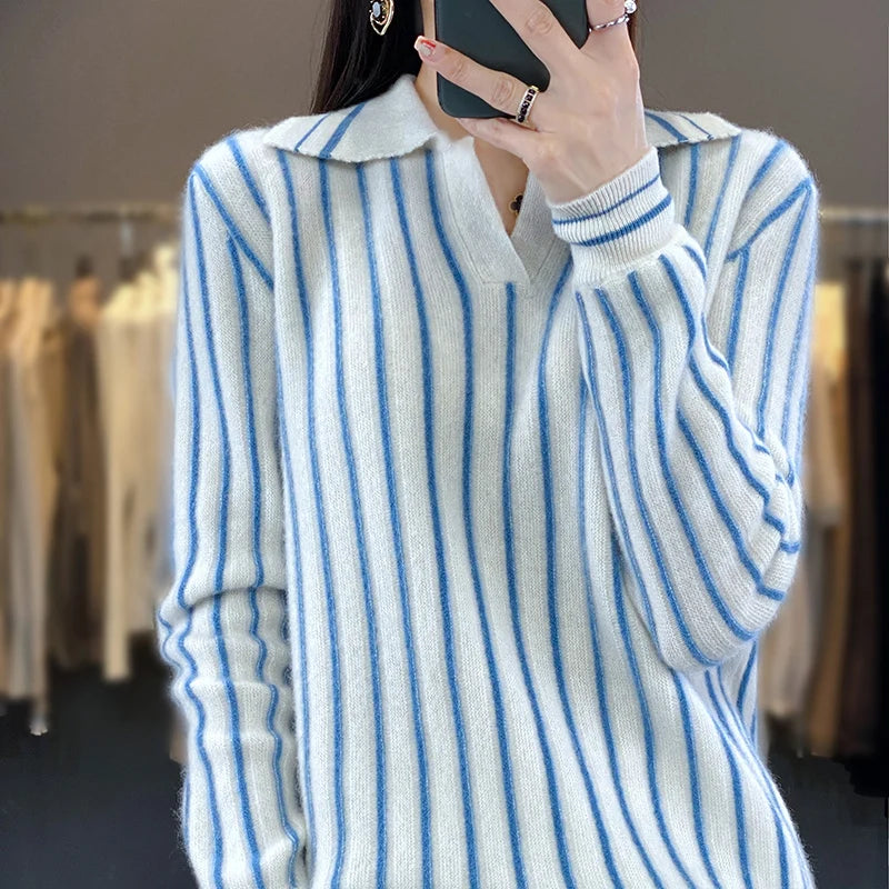 Retro Striped Women's Wool Pullover, Preppy Shirt