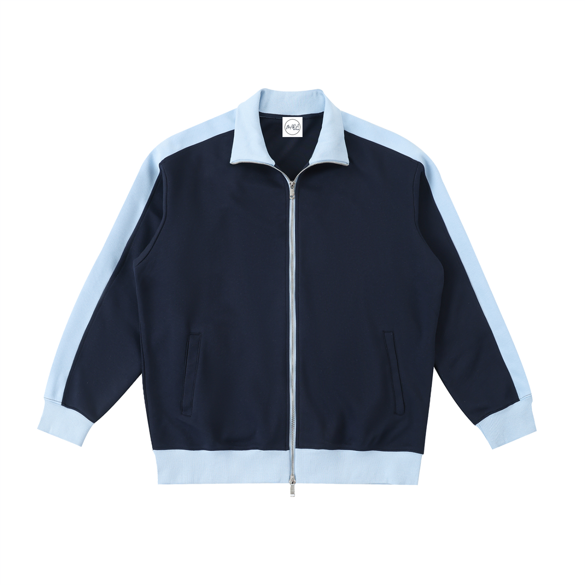 Navy jacket with light blue accents on a white background
