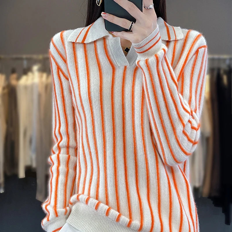 Retro Striped Women's Wool Pullover, Preppy Shirt