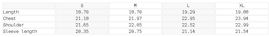 A size chart table showing measurements for S, M, L, and XL sizes, including length, chest, shoulder, and sleeve length in centimeters and inches.